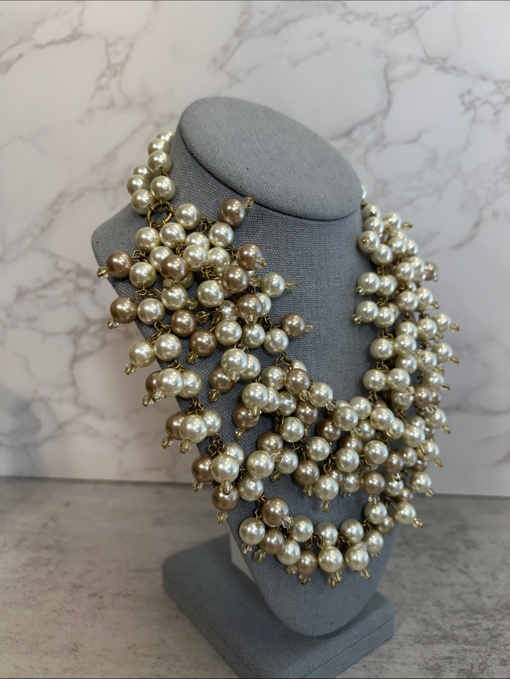 Multi-Strand Champagne and White Glass Pearl Statement Necklace w Crystals